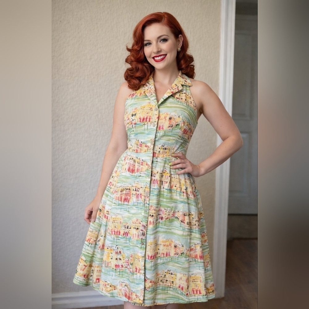 Vntg Clues Collections City View Print Pin-up Retro Dress Green Size 8